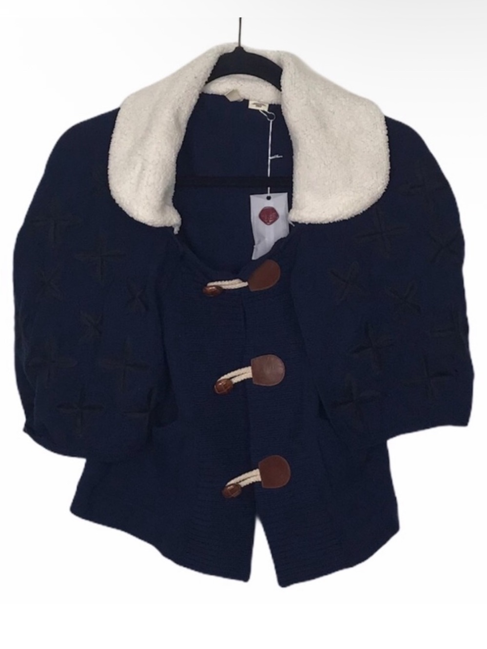 Moth Anthropologie Navy Blue 100% Wool Toggle Sweater Vest With Cape FLAWED